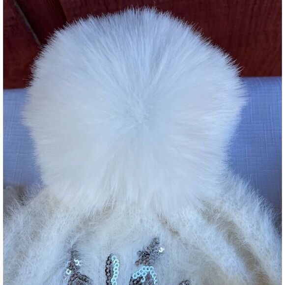 Girls’ hat and glove set, white, fuzzy faux fur, silver sequin snowflake, OS - Picture 4 of 8